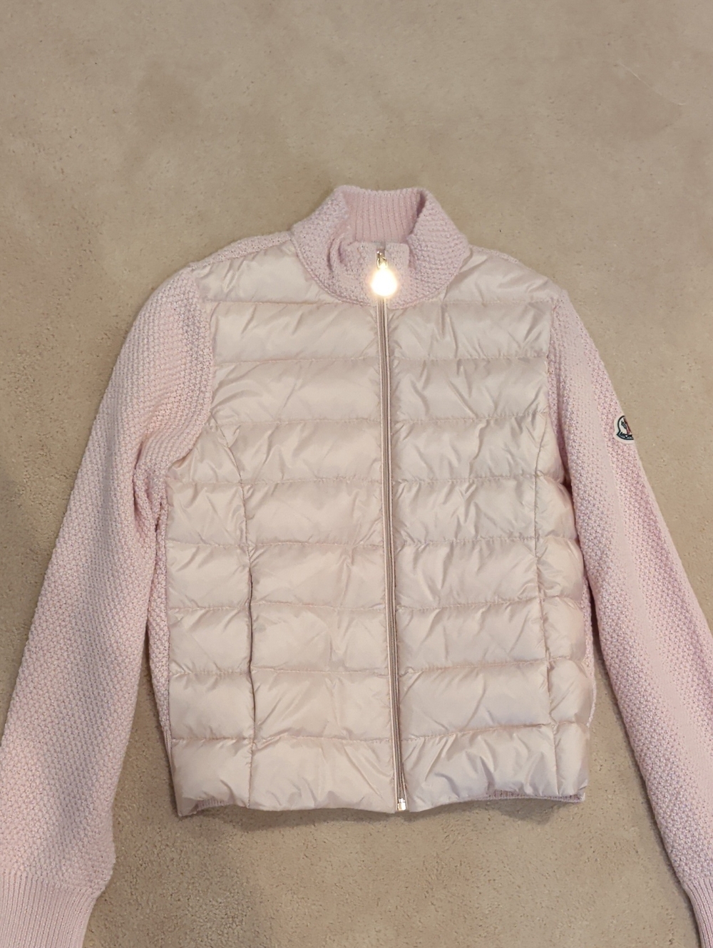Moncler Light Pink Quilted Front Knit-Sleeve Puffer Jacket